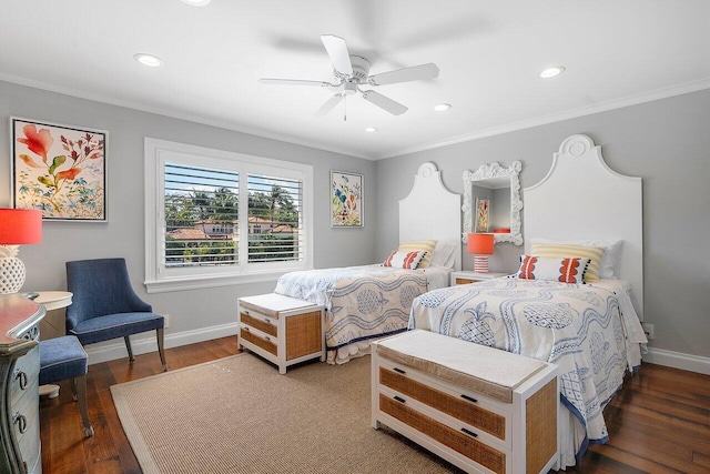 bedroom featuring baseboards, dark wood-style floors, and ornamental molding