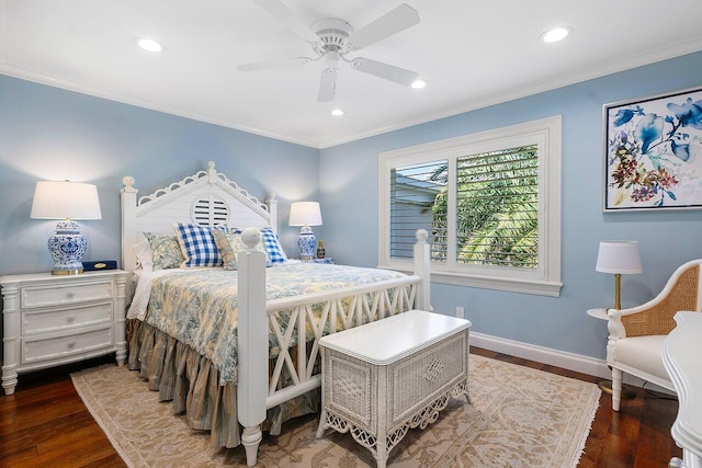 bedroom with baseboards, dark wood-type flooring, recessed lighting, and ornamental molding