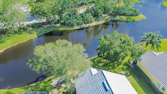 drone / aerial view featuring a water view