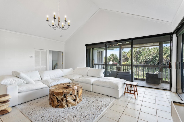 living room featuring light tile patterned floors, high vaulted ceiling, a chandelier, and crown molding