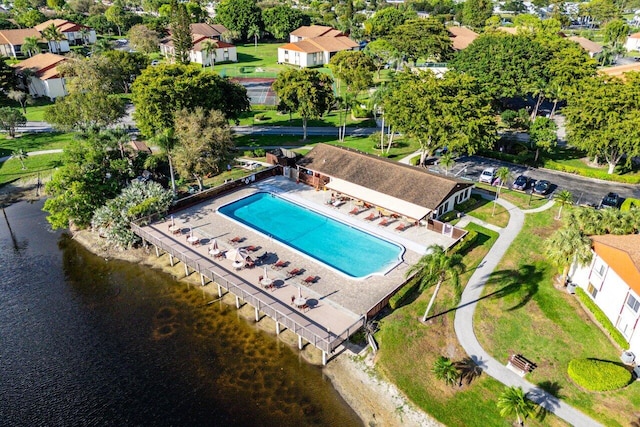 drone / aerial view with a water view