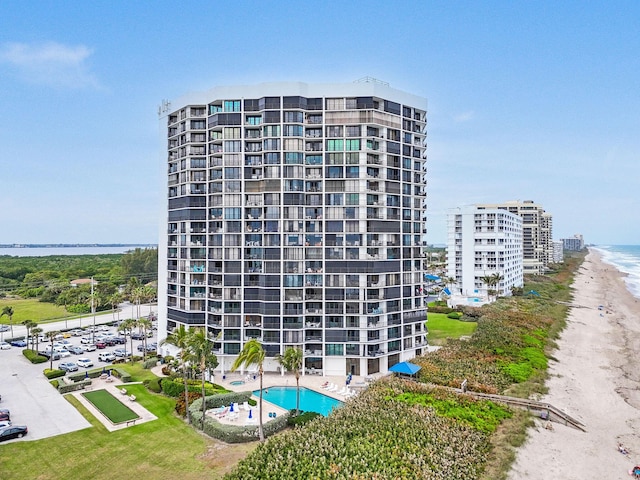 view of building exterior with a water view