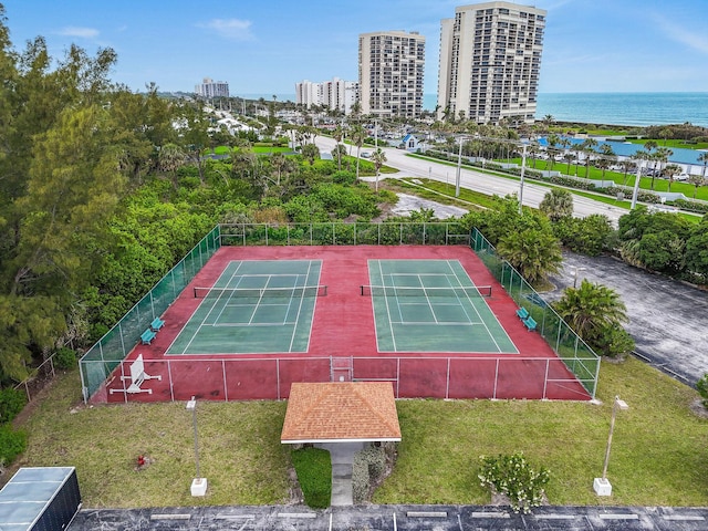 aerial view with a city view and a water view