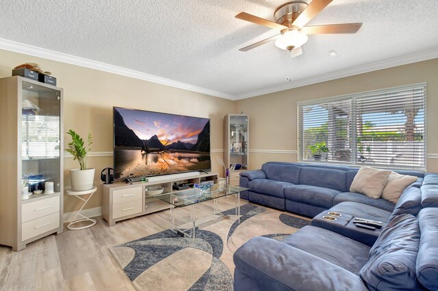 living area with light wood-style floors, ceiling fan, a textured ceiling, and crown molding
