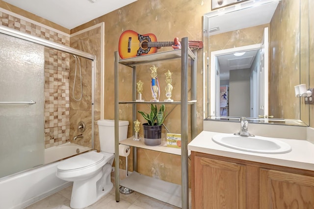 bathroom featuring visible vents, toilet, enclosed tub / shower combo, vanity, and tile patterned flooring