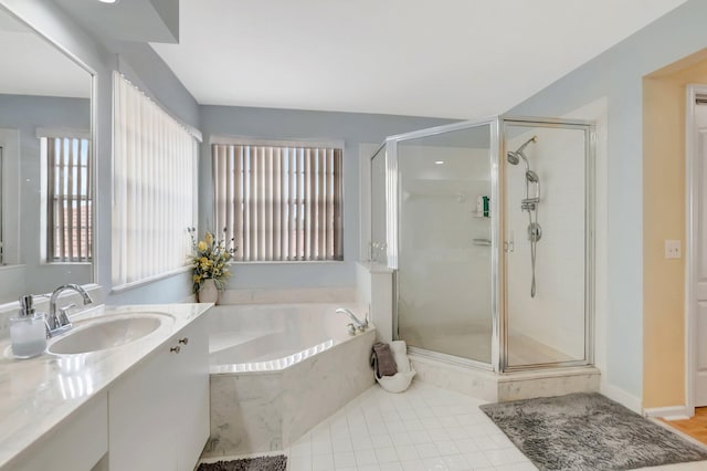 9602 Fox Trot Ln, Boca Raton, FL 33496 - bathroom with vanity, independent shower and bath, and tile patterned floors