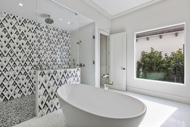 bathroom with tile walls and plus walk in shower