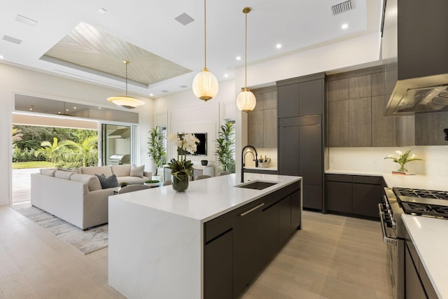 kitchen featuring hanging light fixtures, high quality appliances, an island with sink, island exhaust hood, and sink