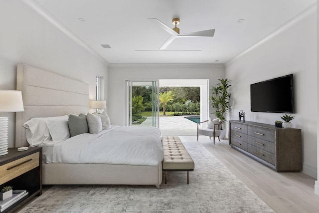 bedroom with ornamental molding, ceiling fan, light hardwood / wood-style floors, and access to exterior