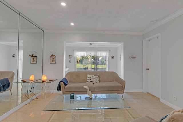 unfurnished living room featuring light tile patterned floors, baseboards, ornamental molding, and recessed lighting