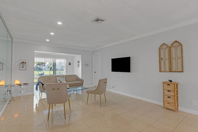 dining room featuring light tile patterned floors, visible vents, baseboards, crown molding, and recessed lighting