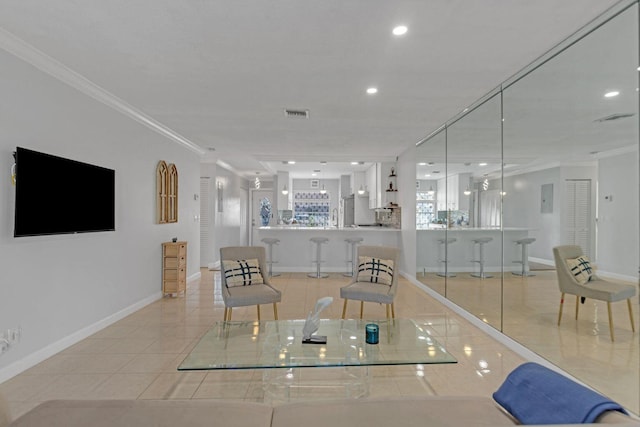 living room with light tile patterned floors, recessed lighting, visible vents, baseboards, and crown molding