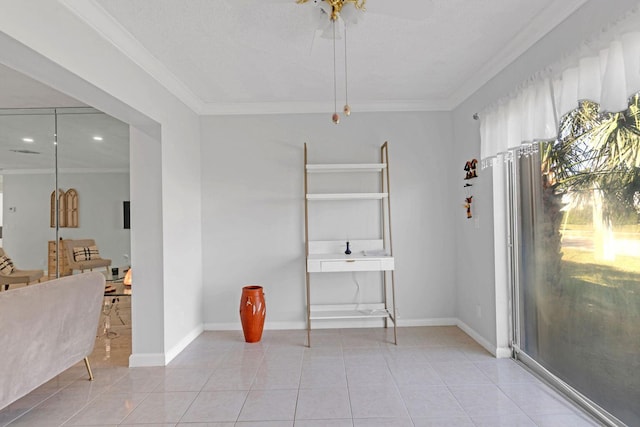 dining room with light tile patterned floors, baseboards, and crown molding