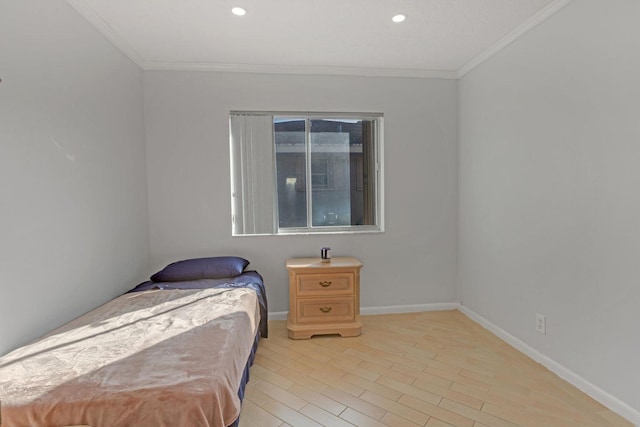 bedroom with recessed lighting, baseboards, and ornamental molding