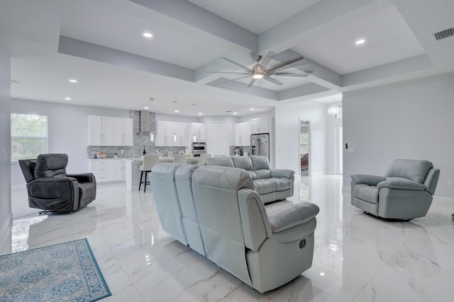 living room featuring recessed lighting, marble finish floor, visible vents, and ceiling fan