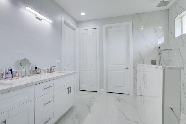 bathroom with recessed lighting, vanity, marble finish floor, a closet, and a marble finish shower