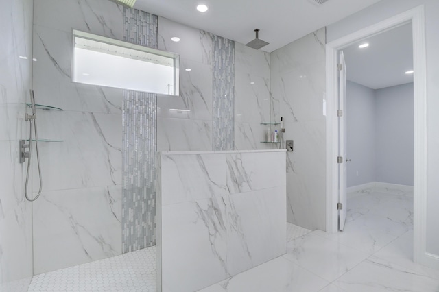 full bathroom with marble finish floor, a marble finish shower, and recessed lighting