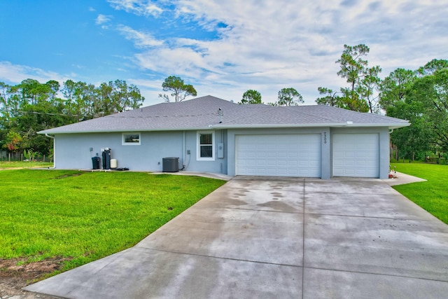 ranch-style house with an attached garage, central AC unit, a front yard, and stucco siding