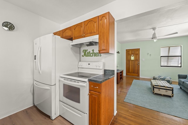 306 Fernandina St, Fort Pierce, FL 34949 - kitchen featuring under cabinet range hood, white appliances, open floor plan, and wood finished floors