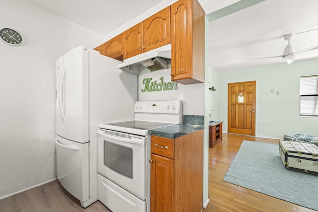 306 Fernandina St, Fort Pierce, FL 34949 - kitchen featuring under cabinet range hood, white electric range oven, light wood-style flooring, and brown cabinets