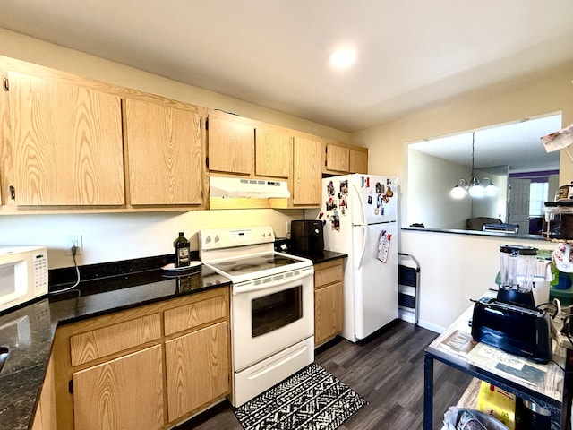 kitchen featuring an inviting chandelier, white appliances, light brown cabinets, dark hardwood / wood-style floors, and pendant lighting