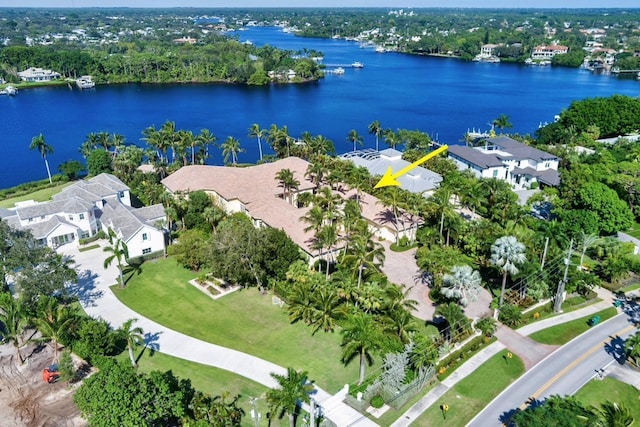 drone / aerial view featuring a water view