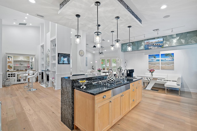 kitchen with light wood-type flooring, visible vents, built in features, and light brown cabinetry