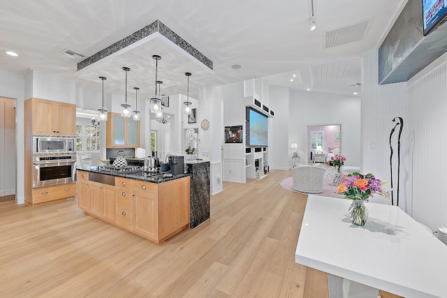 kitchen featuring visible vents, appliances with stainless steel finishes, light brown cabinets, and light wood finished floors