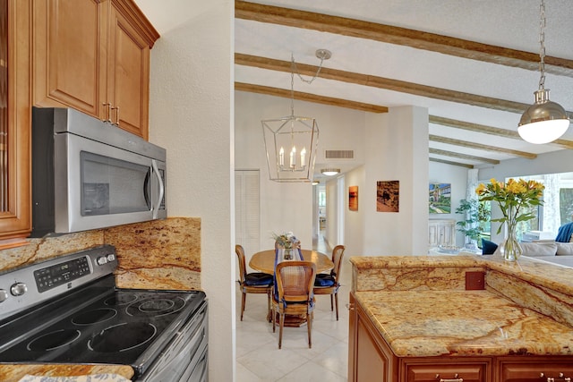 kitchen with visible vents, hanging light fixtures, appliances with stainless steel finishes, brown cabinetry, and an inviting chandelier