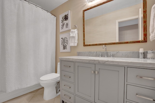 full bath featuring a shower with shower curtain, vanity, toilet, and tile patterned floors