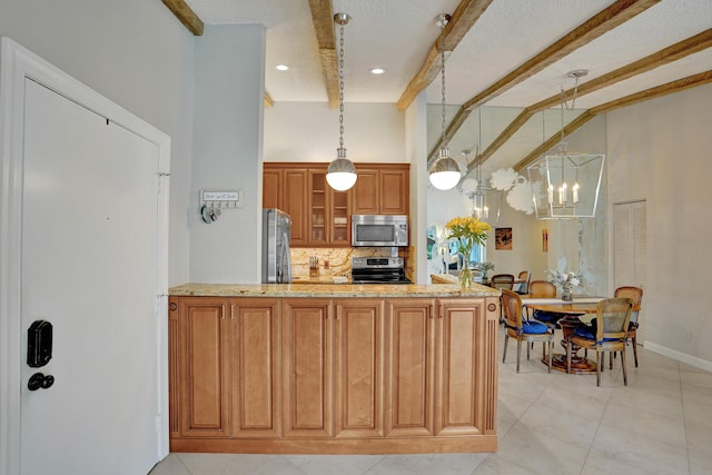 kitchen with tasteful backsplash, glass insert cabinets, brown cabinets, stainless steel appliances, and beam ceiling