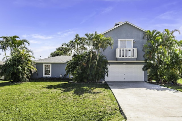 view of front of property with a front lawn and a garage