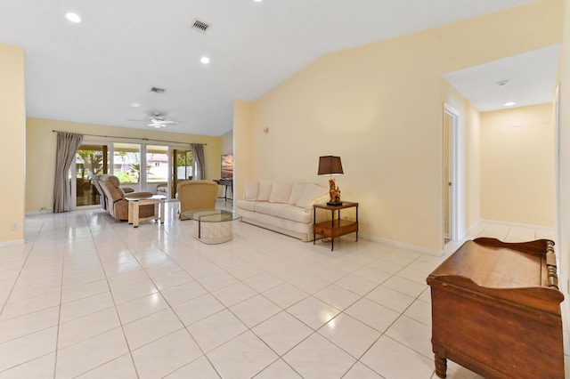 living room featuring baseboards, visible vents, light tile patterned flooring, ceiling fan, and vaulted ceiling