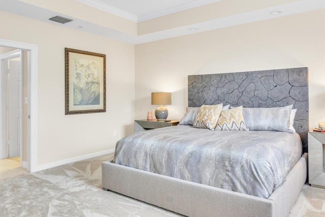 carpeted bedroom with visible vents, crown molding, and baseboards