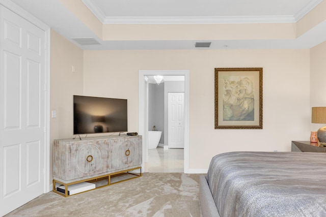 carpeted bedroom featuring ornamental molding, visible vents, and baseboards