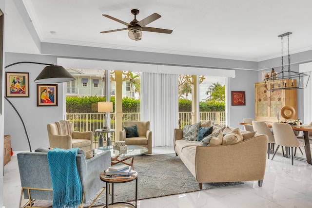 living room featuring a ceiling fan, marble finish floor, and crown molding