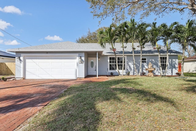 ranch-style house with a front lawn and a garage