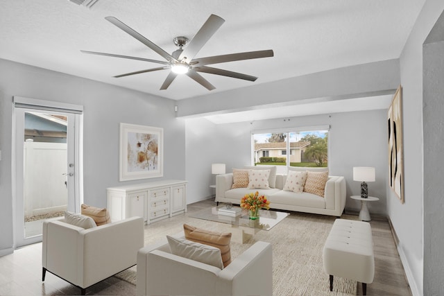 2144 NE 63rd St, Fort Lauderdale, FL 33308 - living room featuring ceiling fan, a textured ceiling, and baseboards