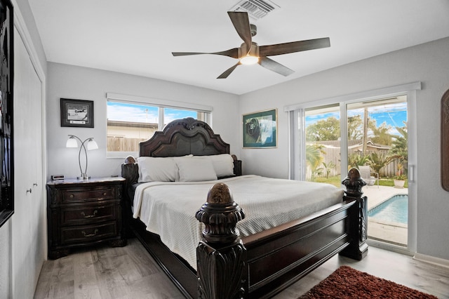 2144 NE 63rd St, Fort Lauderdale, FL 33308 - bedroom featuring ceiling fan, light wood finished floors, visible vents, and access to exterior