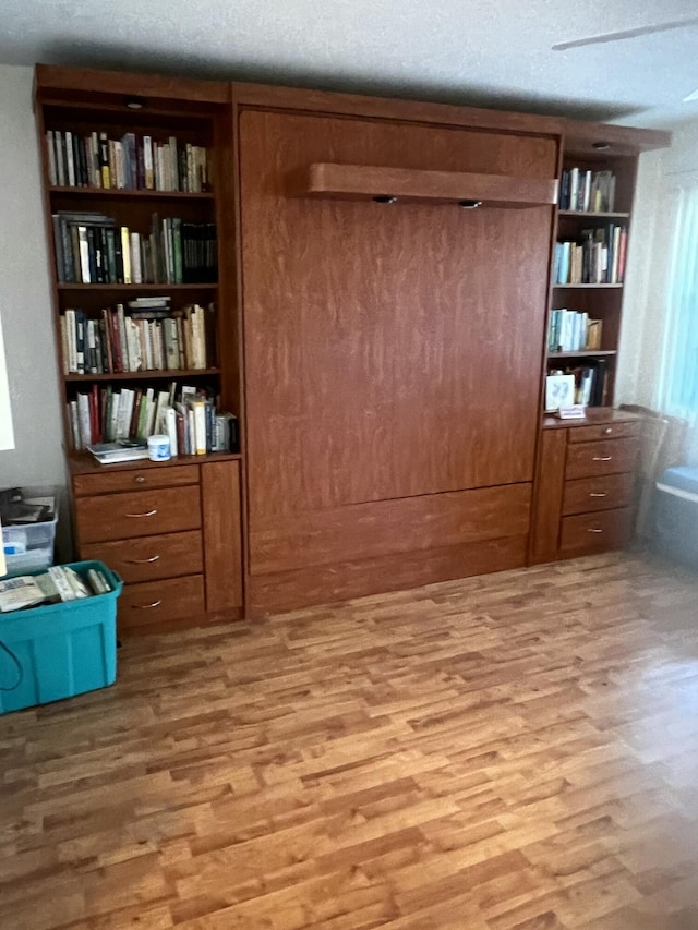 interior space featuring light wood finished floors and a textured ceiling