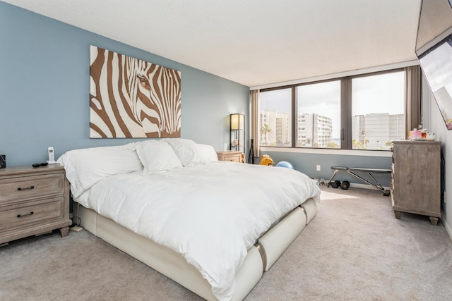 bedroom featuring light carpet