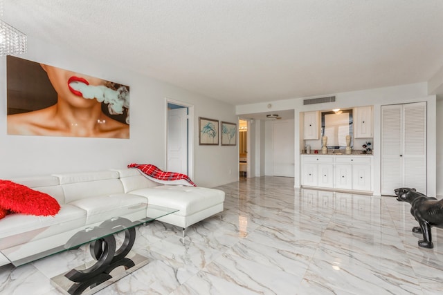 living room featuring a textured ceiling