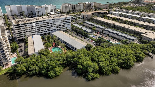 bird's eye view with a water view