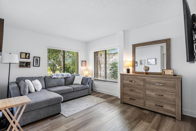 living area featuring dark wood-style floors, a textured ceiling, and baseboards