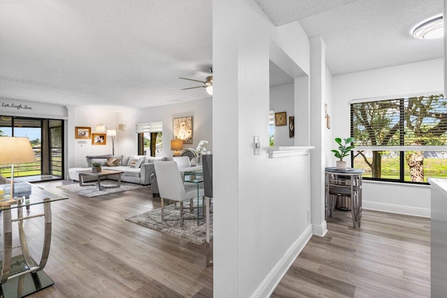 interior space featuring a ceiling fan, a textured ceiling, baseboards, and wood finished floors