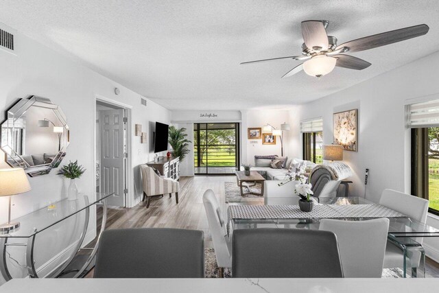 living room with ceiling fan, a textured ceiling, and wood finished floors