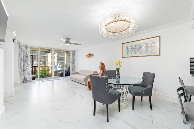 dining room featuring ornamental molding, marble finish floor, and baseboards