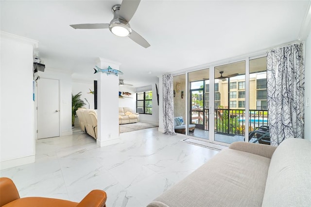 bedroom with access to exterior, marble finish floor, floor to ceiling windows, crown molding, and baseboards