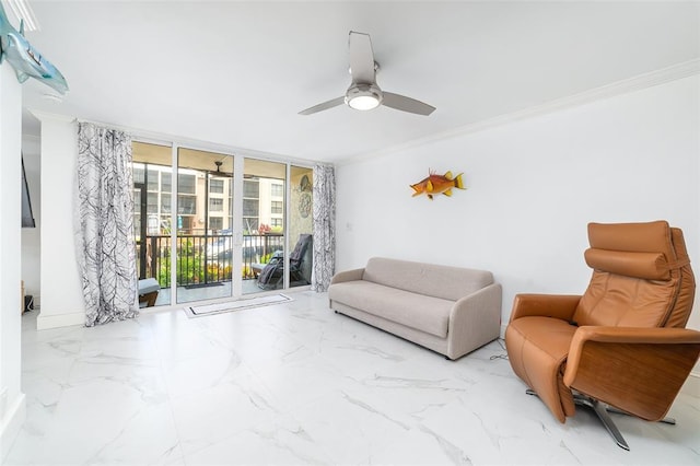 interior space featuring a ceiling fan, baseboards, marble finish floor, floor to ceiling windows, and crown molding