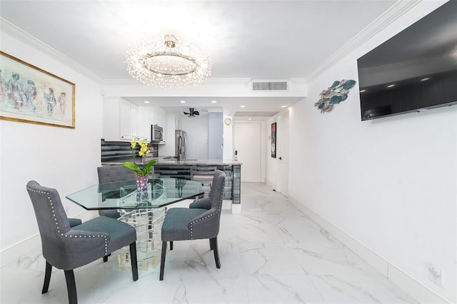 dining area featuring baseboards, marble finish floor, visible vents, and crown molding